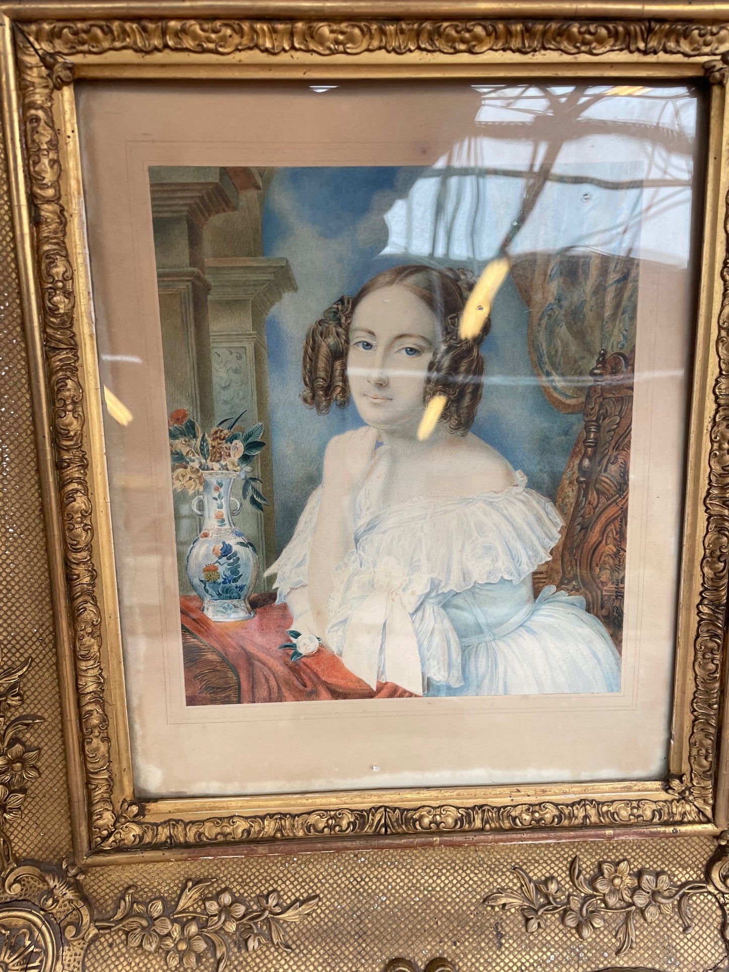 Aquarelle sur Papier "Jeune Femme Accoudée" – Signée - 1841