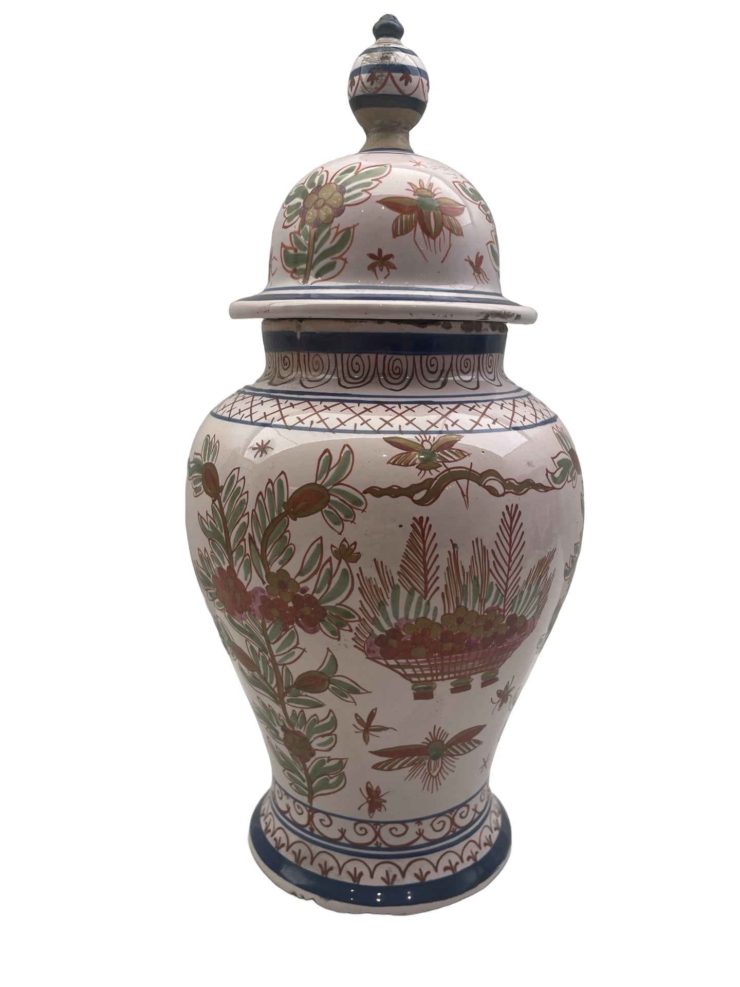 Pot couvert en faïence – Desvres ou Delft – Décor de mouches – Marqué P:V:M 500