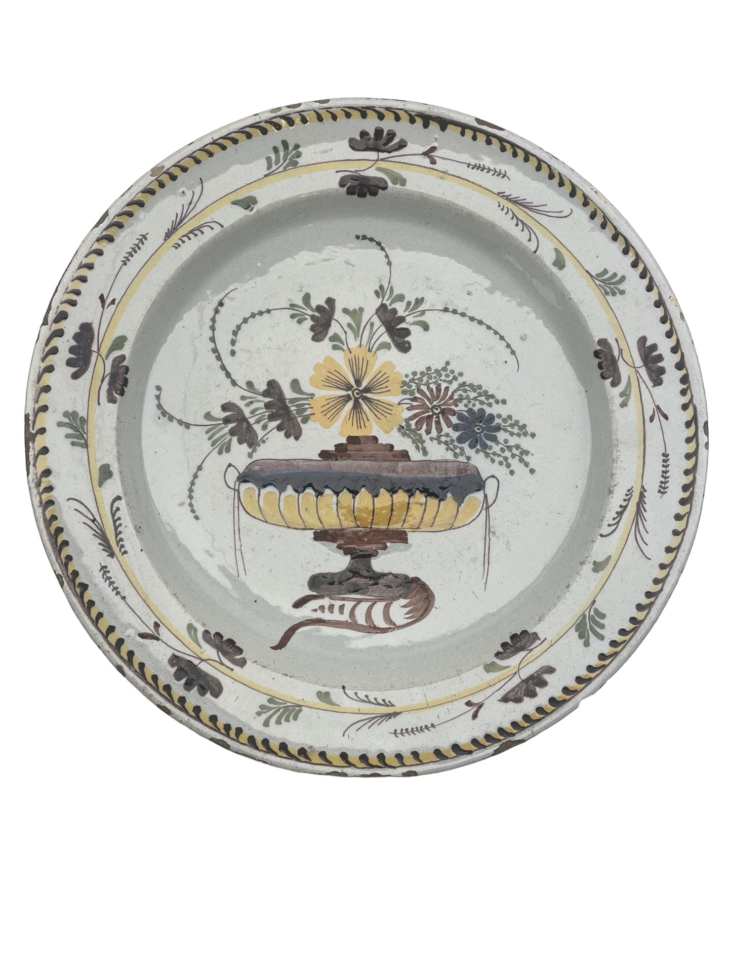 Plat en faïence de Delft – XIXᵉ siècle – Décor floral jaune et blanc – Égrenures