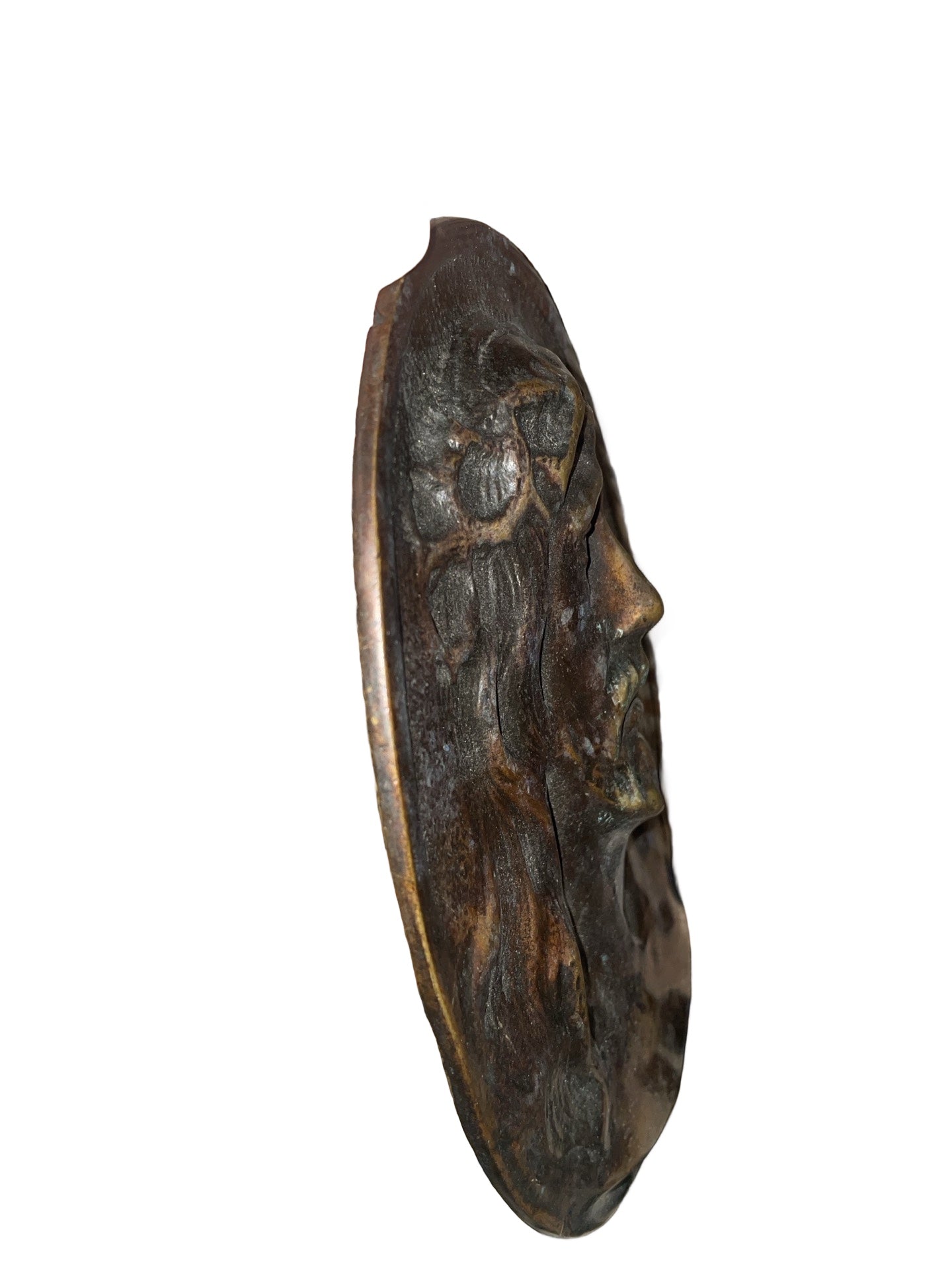 Sculpture en Relief Ovale en Bronze Patiné – Tête de Christ