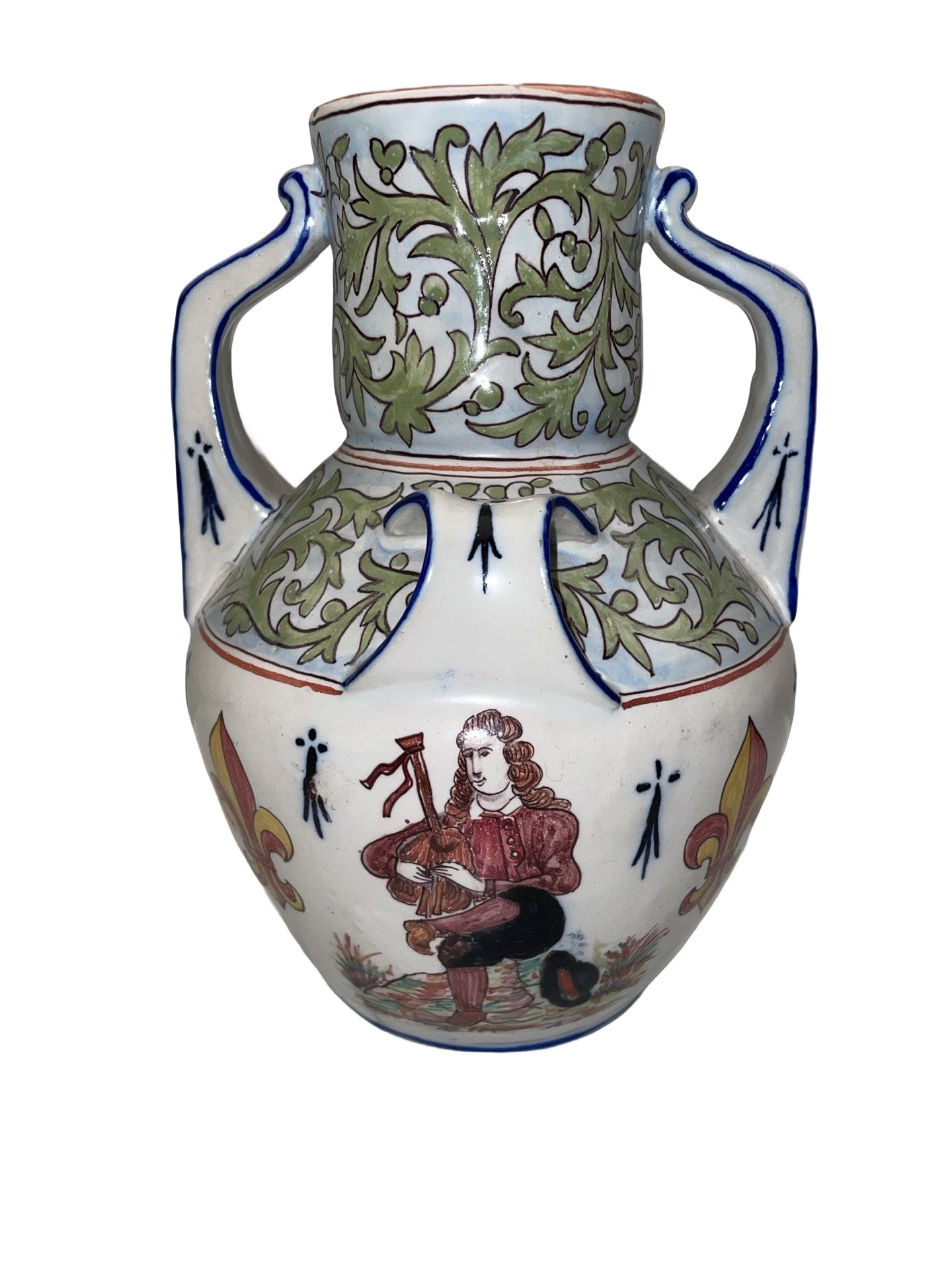 Vase à Quatre Anses – Desvres – Décor de Musicien et Écusson