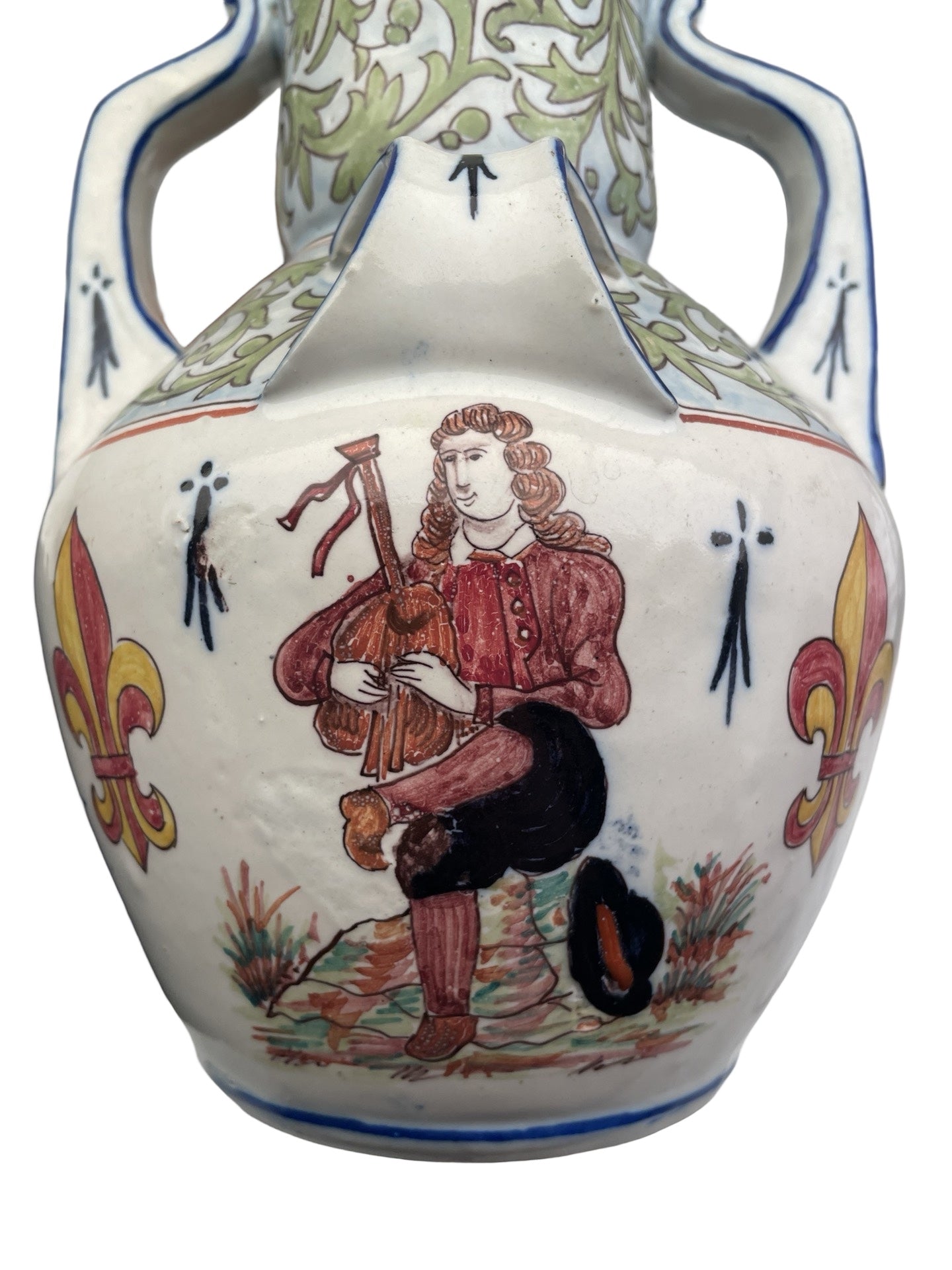 Vase à Quatre Anses – Desvres – Décor de Musicien et Écusson