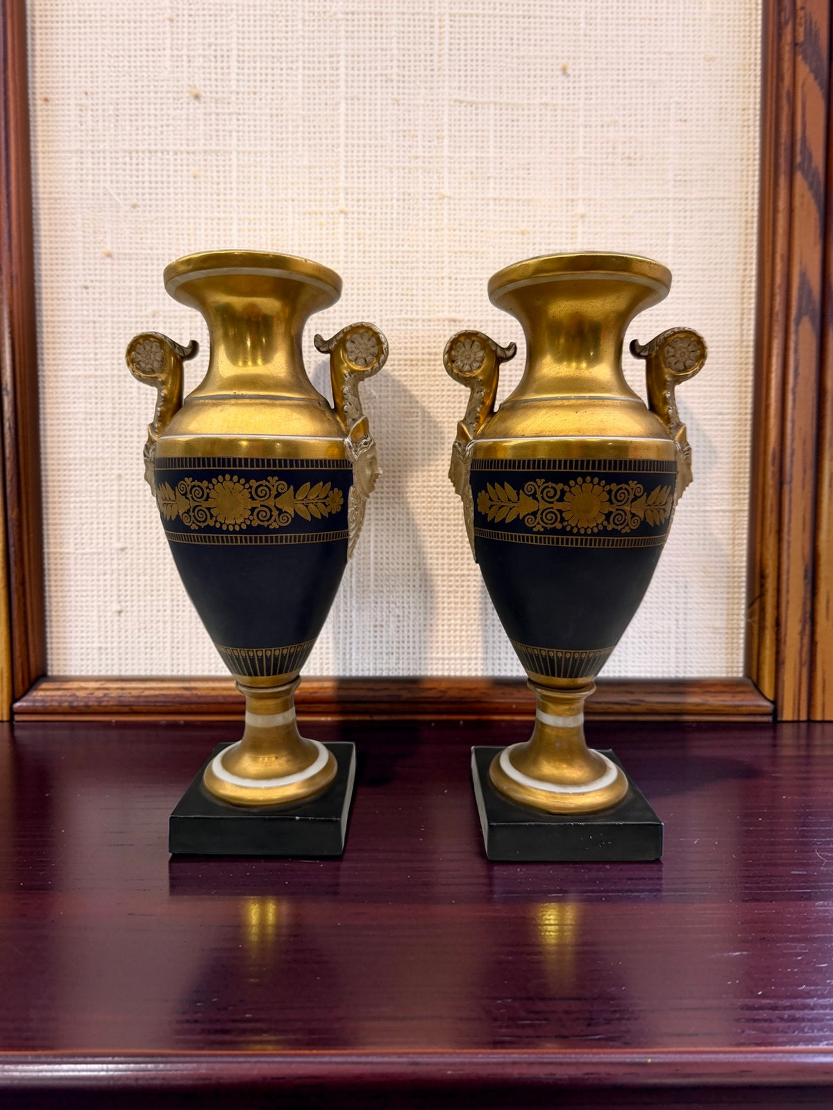 1 - Paire vases Empire Napoléon Ier porcelaine de Paris bleu or XIXe siècle