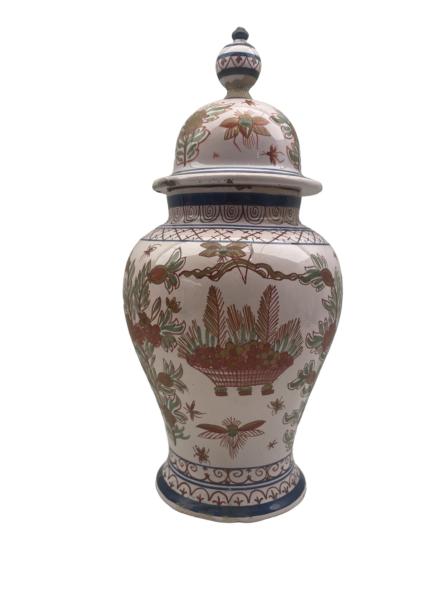 Pot couvert en faïence – Desvres ou Delft – Décor de mouches – Marqué P:V:M 500