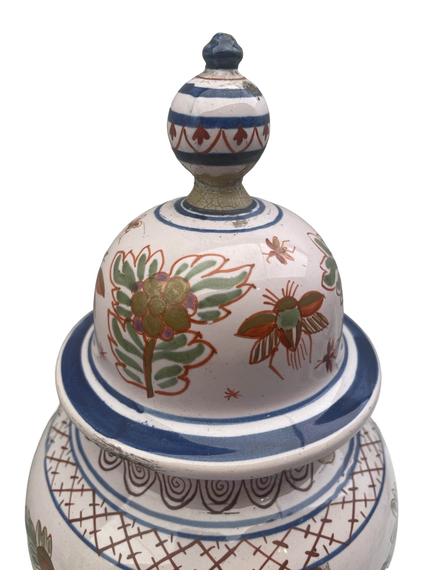 Pot couvert en faïence – Desvres ou Delft – Décor de mouches – Marqué P:V:M 500