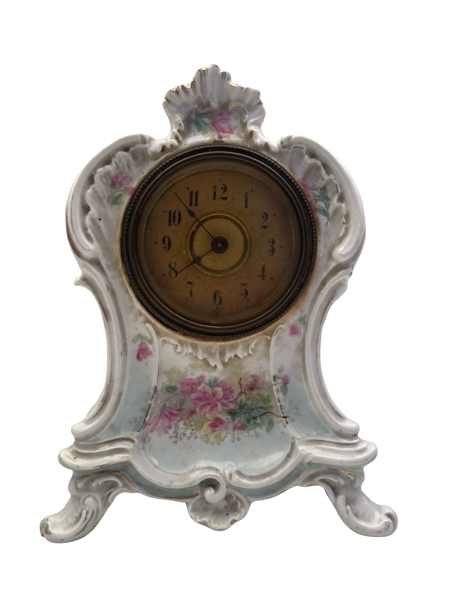 Réveil ou horloge de table en porcelaine à décor floral – Fonctionne parfaitement