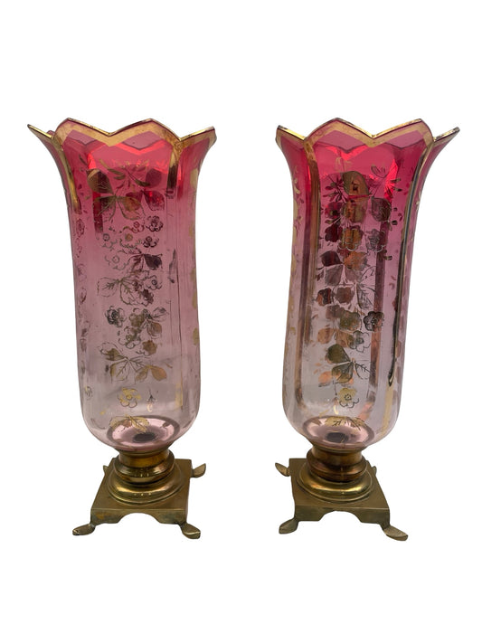 2 - Paire bougeoirs Art Nouveau verreries rouge or 1900