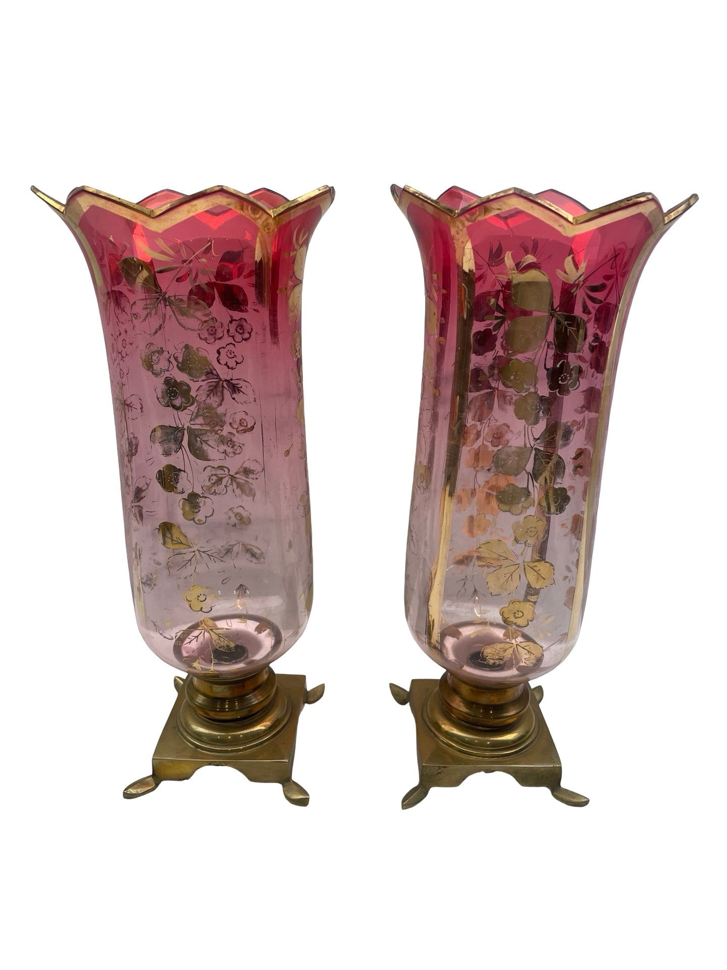 2 - Paire bougeoirs Art Nouveau verreries rouge or 1900