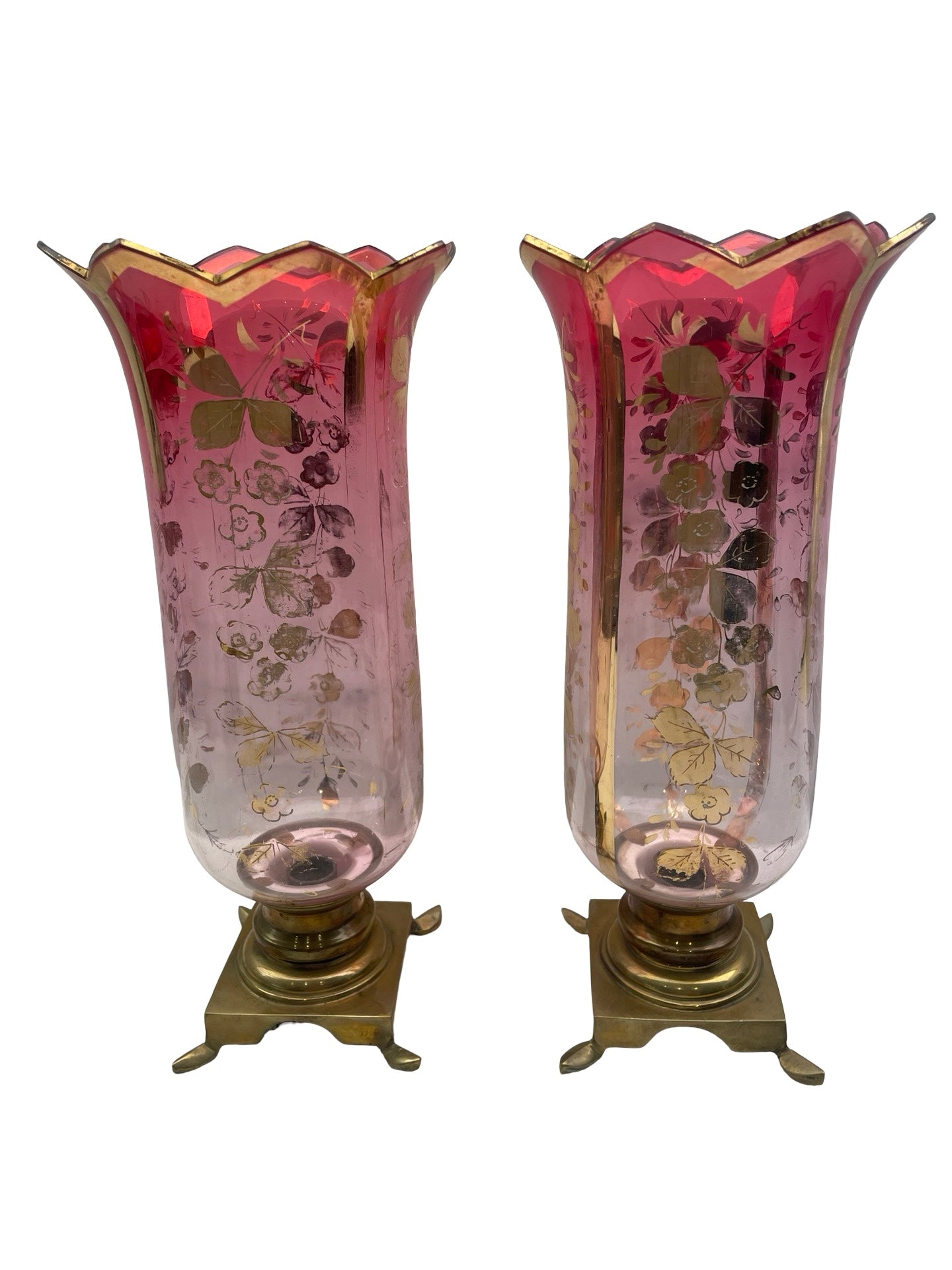 2 - Paire bougeoirs Art Nouveau verreries rouge or 1900