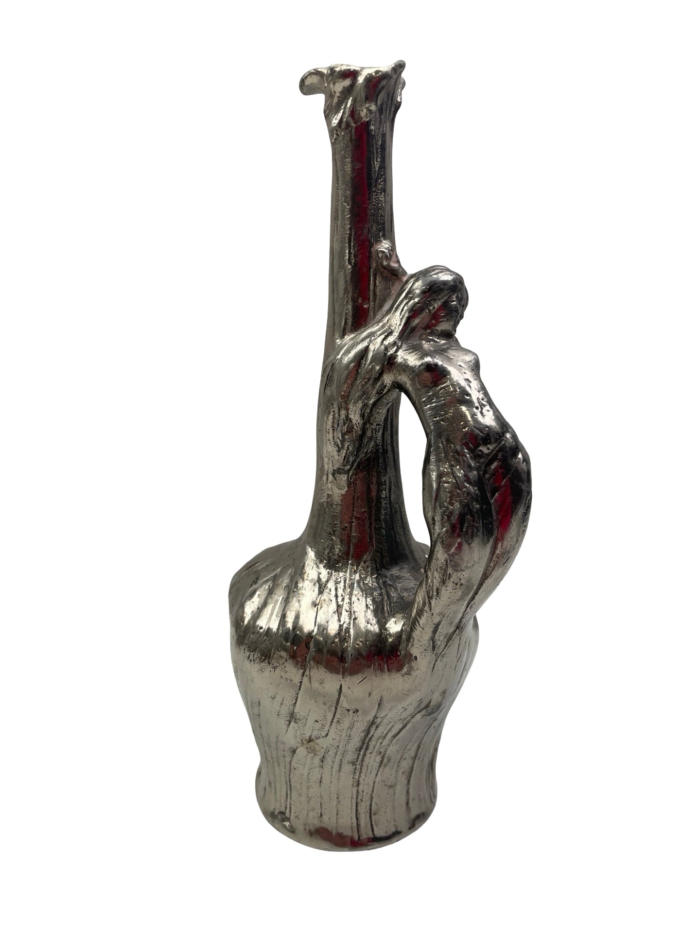 Bouteille Art Nouveau en étain – Dame nue – De Franoz – Signée – 18 cm