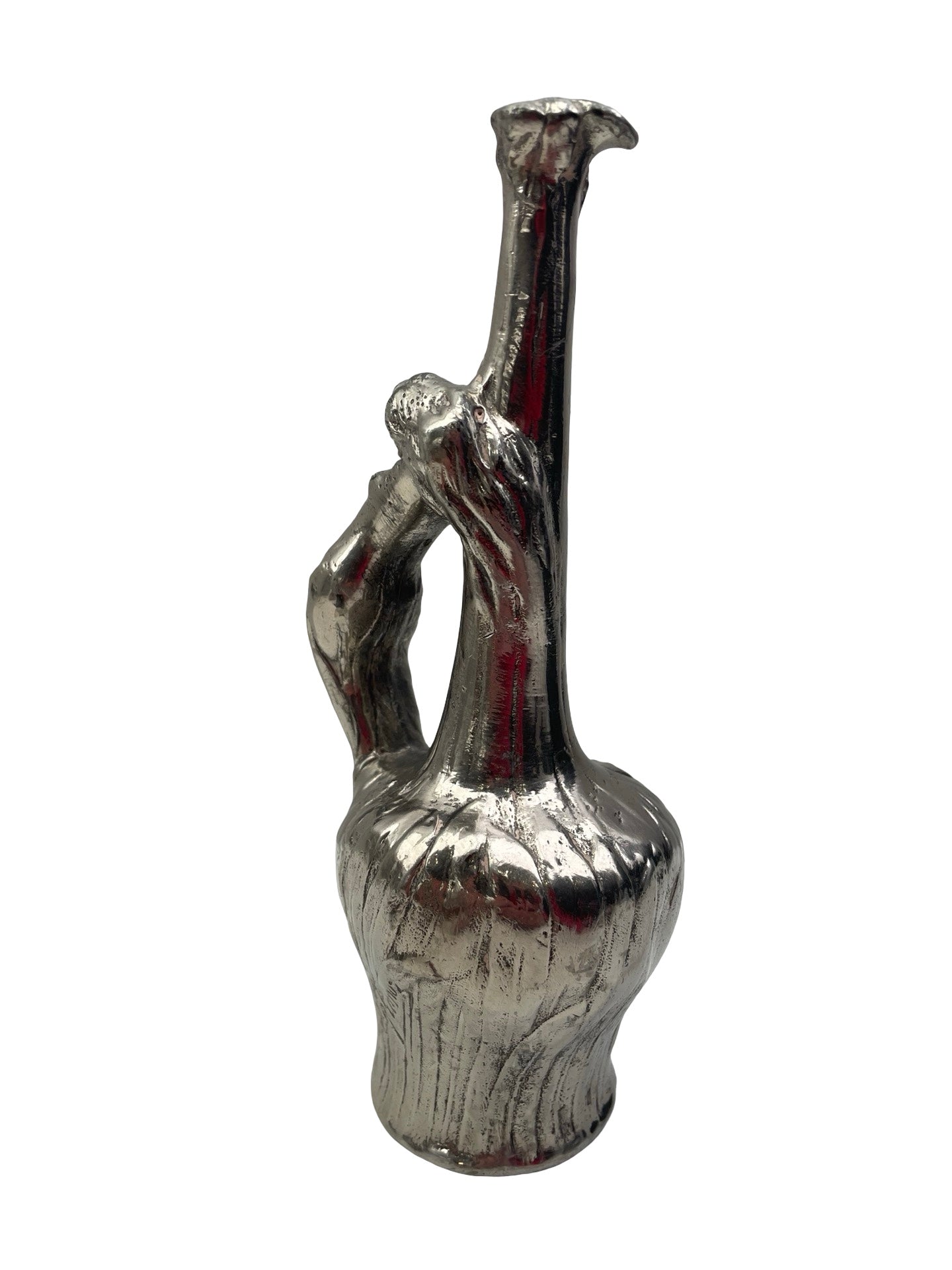 Bouteille Art Nouveau en étain – Dame nue – De Franoz – Signée – 18 cm
