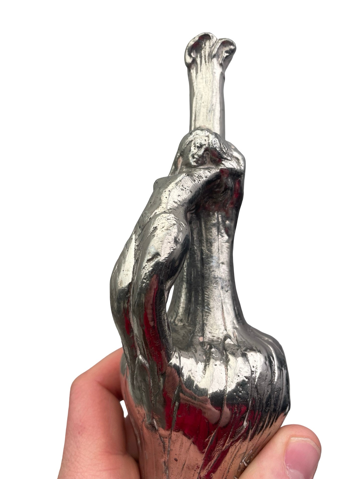 Bouteille Art Nouveau en étain – Dame nue – De Franoz – Signée – 18 cm