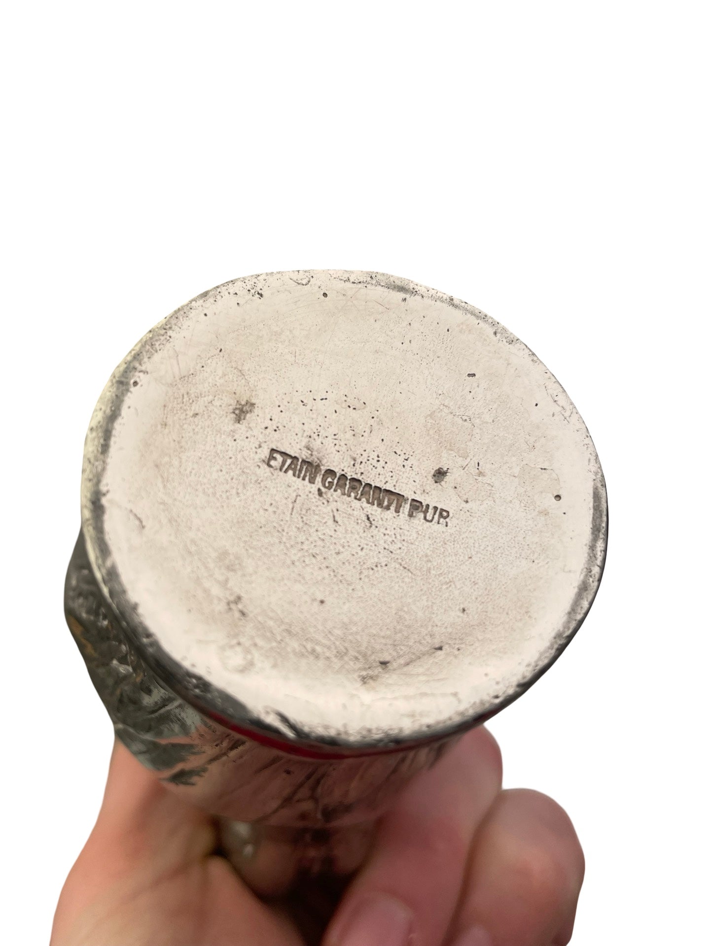 Bouteille Art Nouveau en étain – Dame nue – De Franoz – Signée – 18 cm