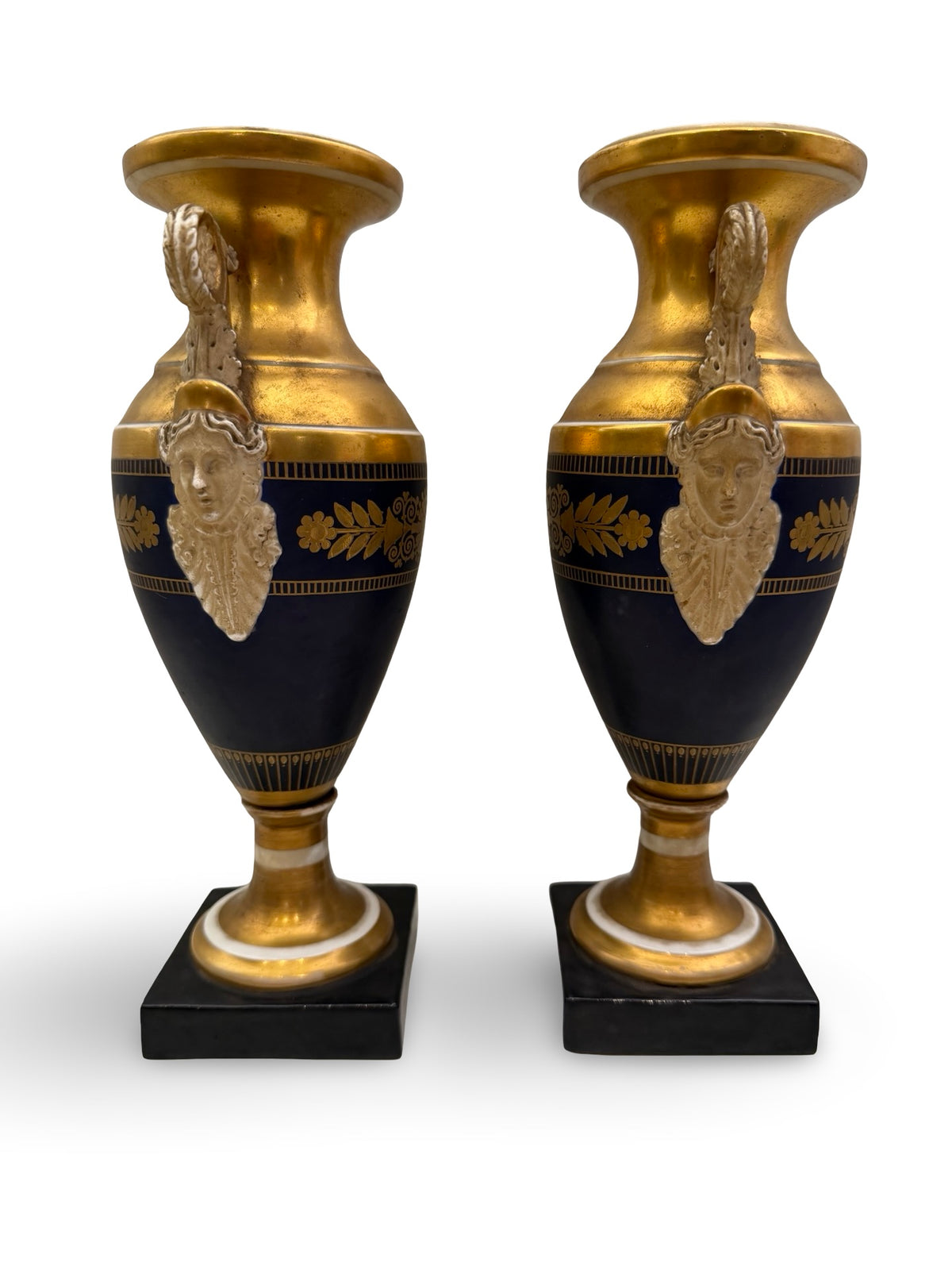 1 - Paire vases Empire Napoléon Ier porcelaine de Paris bleu or XIXe siècle