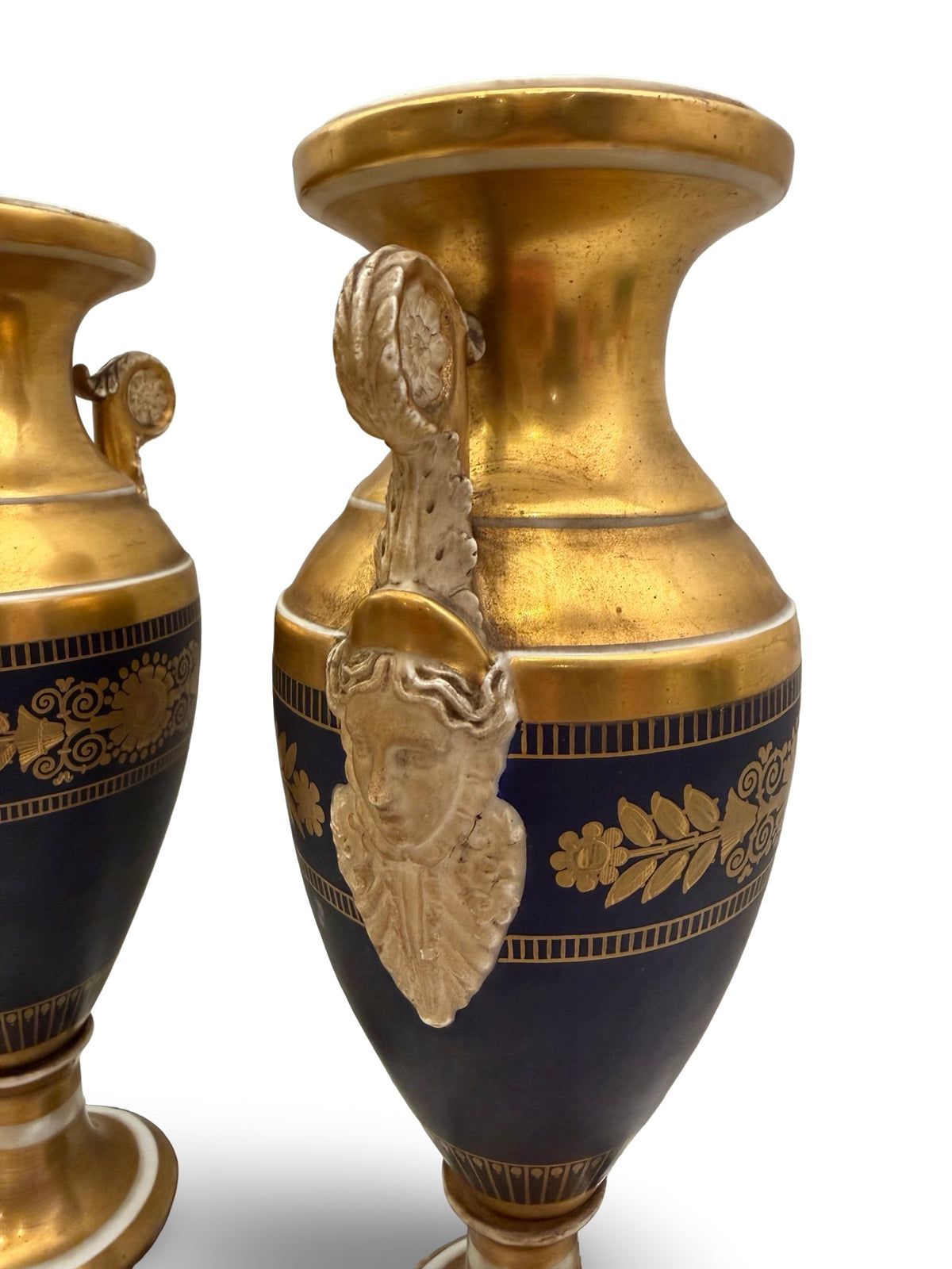 1 - Paire vases Empire Napoléon Ier porcelaine de Paris bleu or XIXe siècle