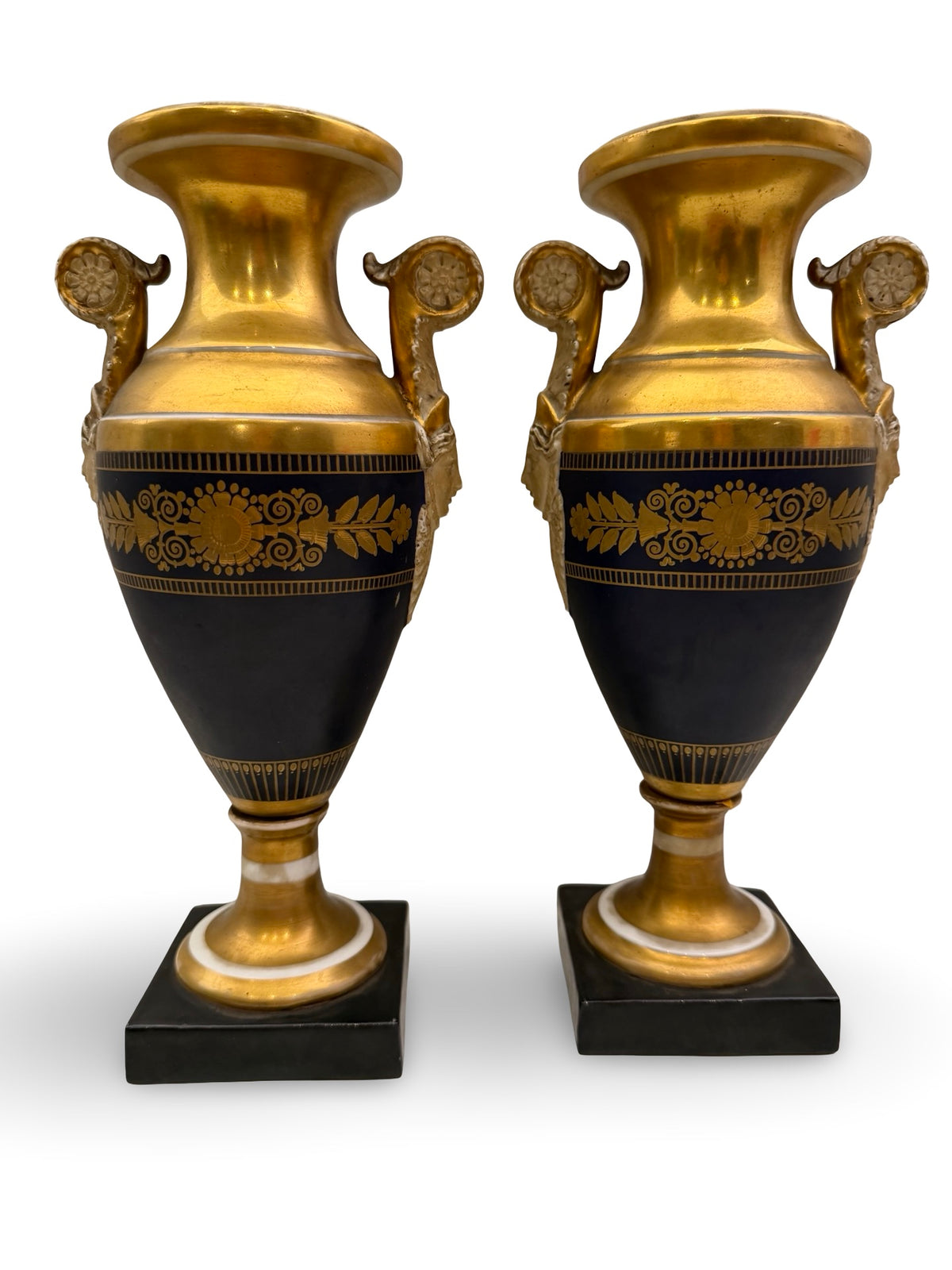 1 - Paire vases Empire Napoléon Ier porcelaine de Paris bleu or XIXe siècle