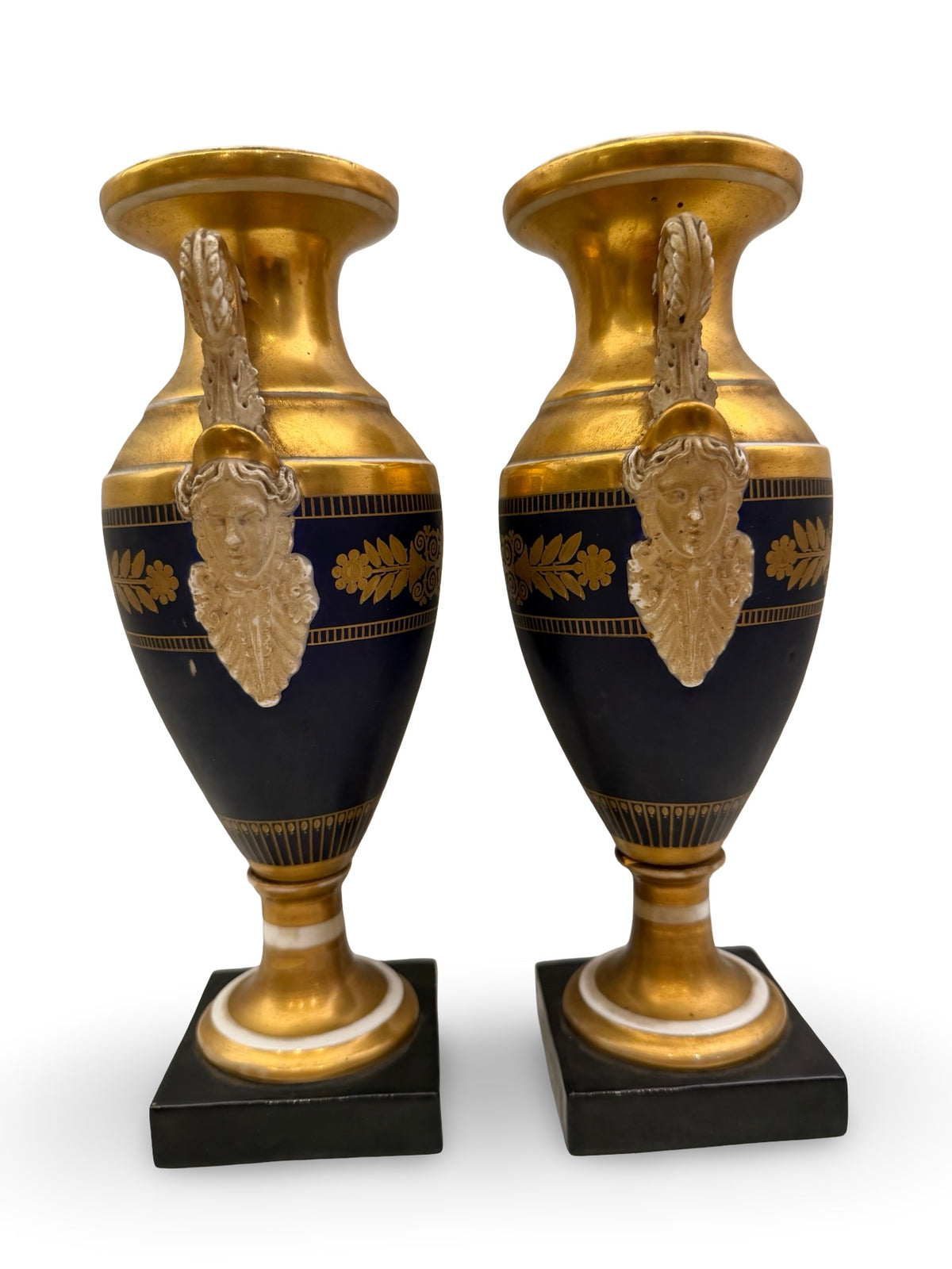 1 - Paire vases Empire Napoléon Ier porcelaine de Paris bleu or XIXe siècle
