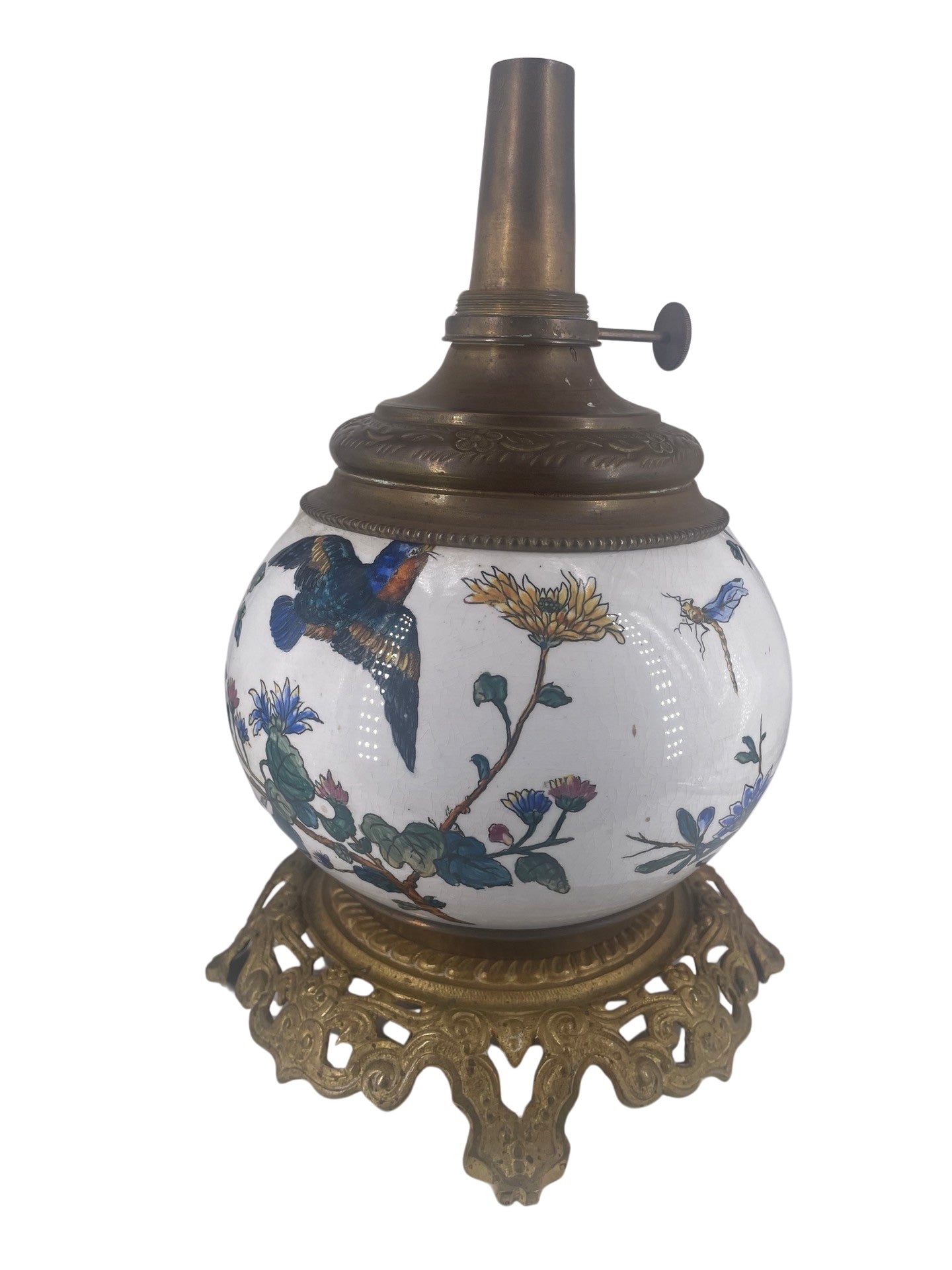 Lampe à Pétrole en Faïence – Décor d'Oiseaux et Libellules Attribuée à Gien avec Brûleur W and W Kosmos