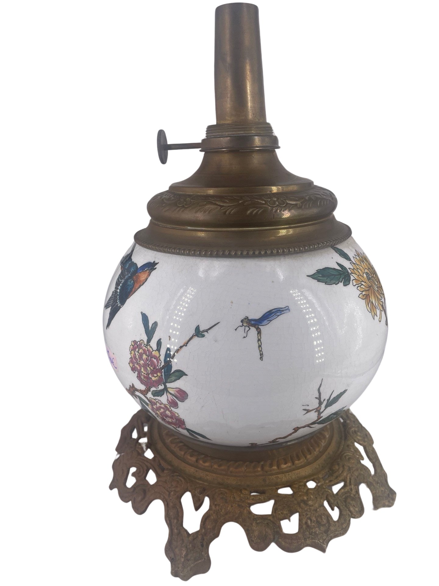 Lampe à Pétrole en Faïence – Décor d'Oiseaux et Libellules Attribuée à Gien avec Brûleur W and W Kosmos