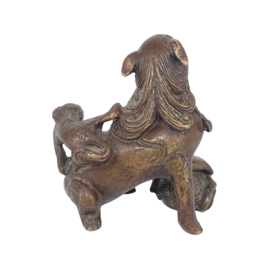 Petit Bronze de Dragon ou Chien de Fô avec Compagnon - Asie