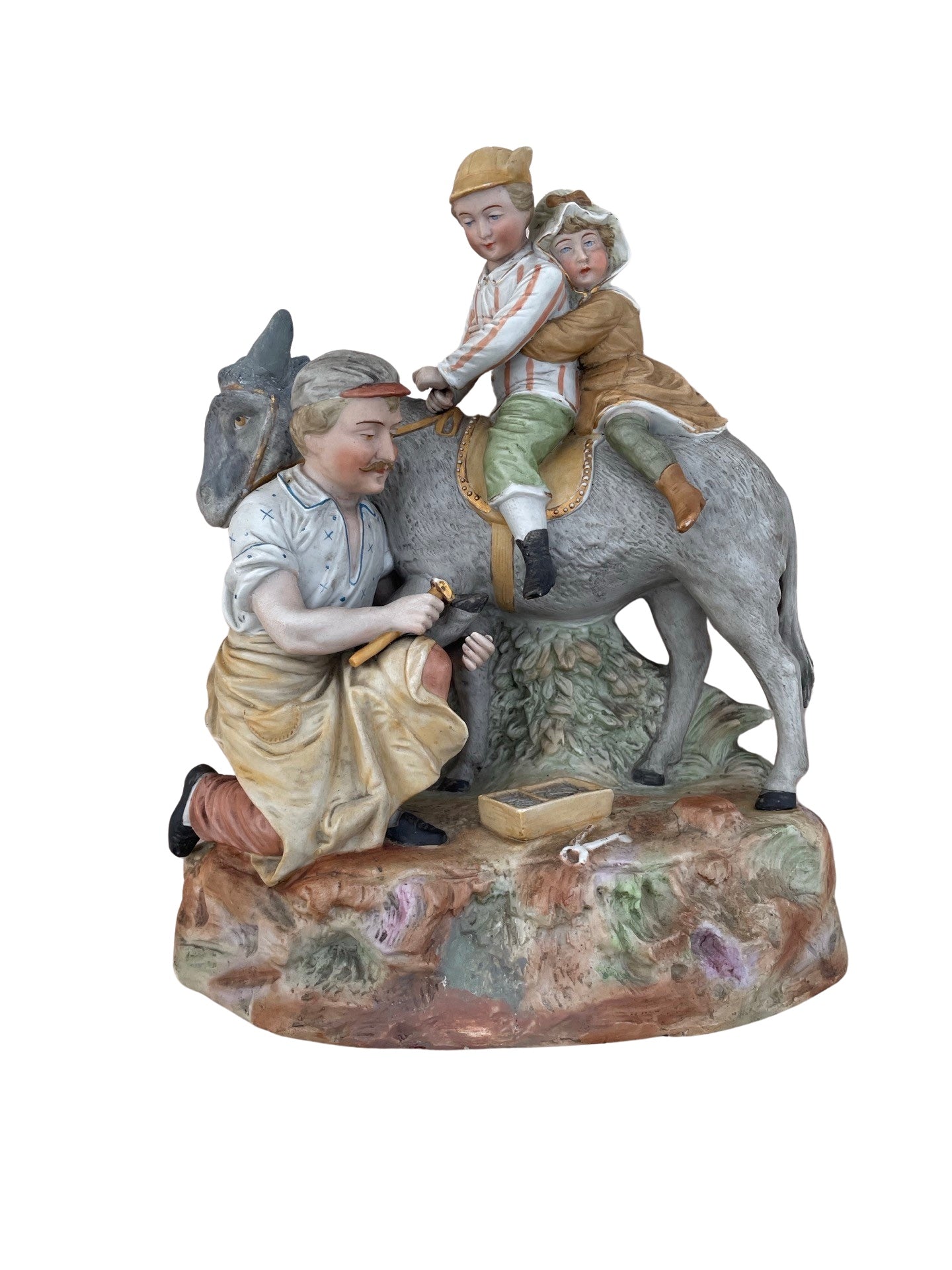 Grande Figurine en Biscuit de Porcelaine Allemande ou Autrichienne – Scène Pastorale d’Enfants et Forgeron