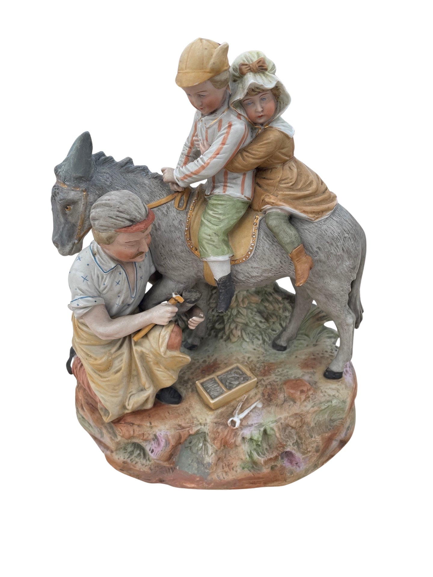 Grande Figurine en Biscuit de Porcelaine Allemande ou Autrichienne – Scène Pastorale d’Enfants et Forgeron